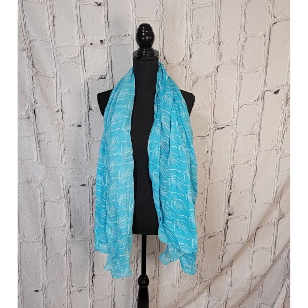 LIGHT Sky Blue and White Caribbean Palm Tree Lightweight 100% Cotton‎ Scarf